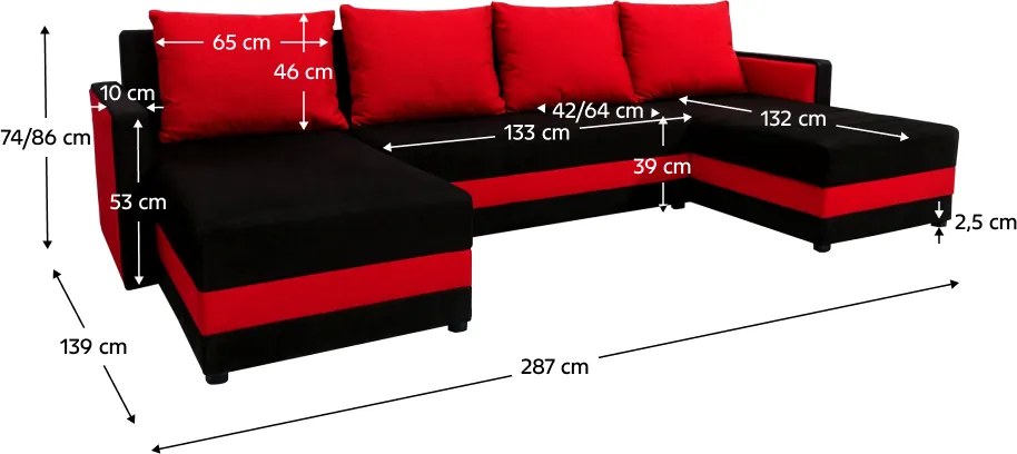 Canapea universală, negru/roşu, PAULITA U