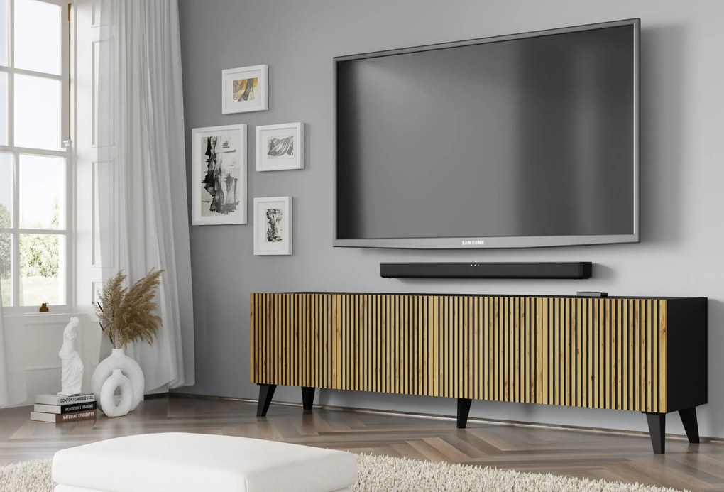Masă TV F 4D 200 Rowanna (Stejar artisan + Negru). 1125082