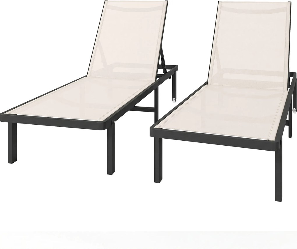 Outsunny Set de 2 șezlonguri reclinabile cu roți Spătar reglabil 4 nivele Cadru aluminiu Țesătură textilene Bej | Aosom Romania