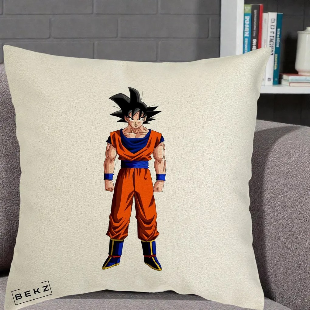 Perna Personalizata Dragon Ball Goku Complet in Gi Portocaliu, 40x40 cm, Ecru, Husa Detasabila, Perna Inclusa, BEKZ®