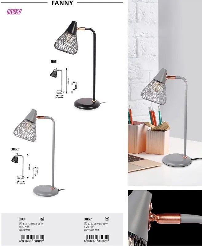 Veioza, lampa de masa design industrial Fanny negru, auriu