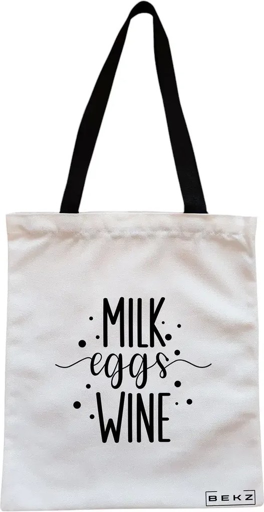Sacosa de Panza pentru Cumparaturi, Geanta Tote, model Milk eggs wine, Cu fermoar, 38x34.5 cm, Alba, BEKZ®
