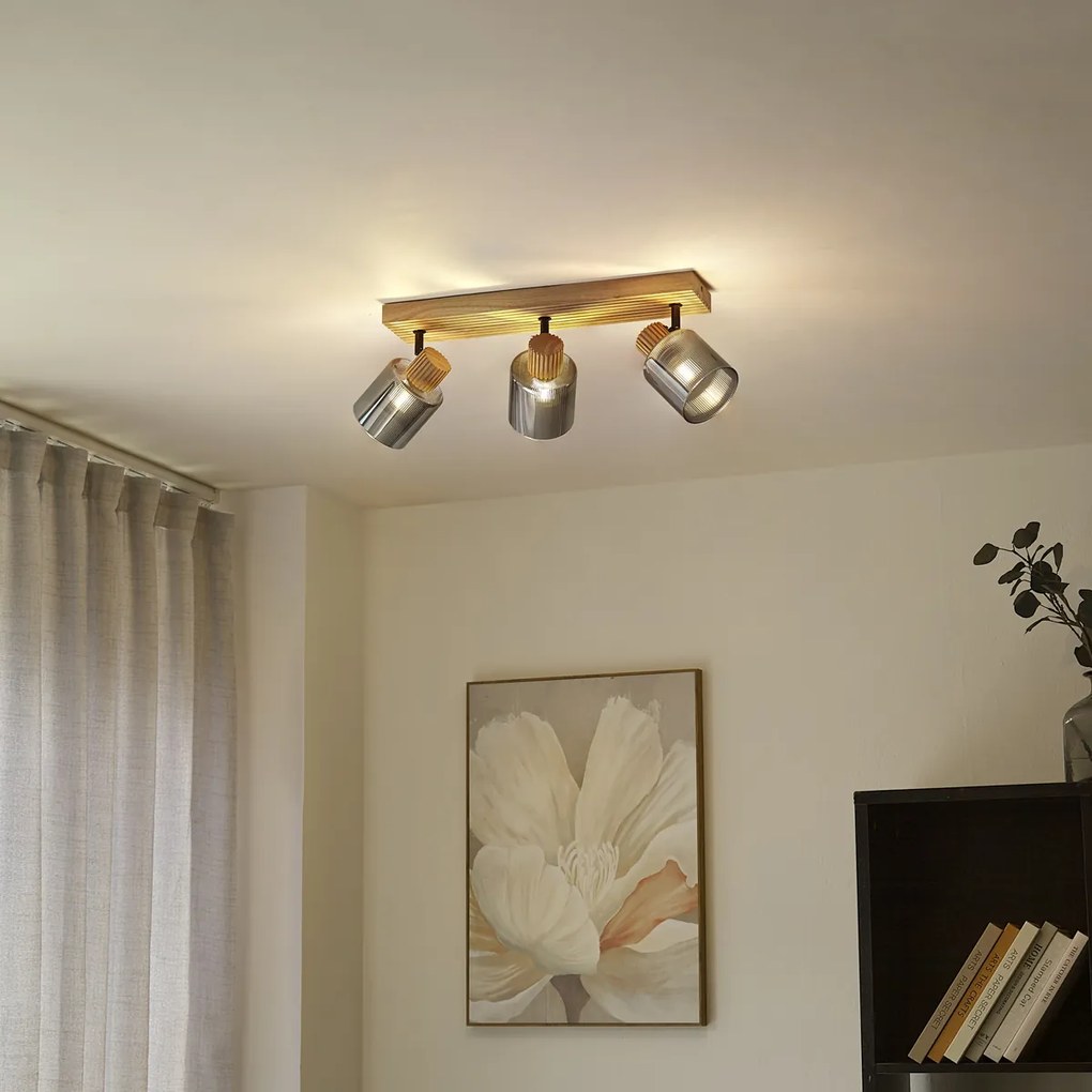 Spot modern din lemn cu sticlă fumurie cu 3 lumini rotativ și înclinabil - Gracy
