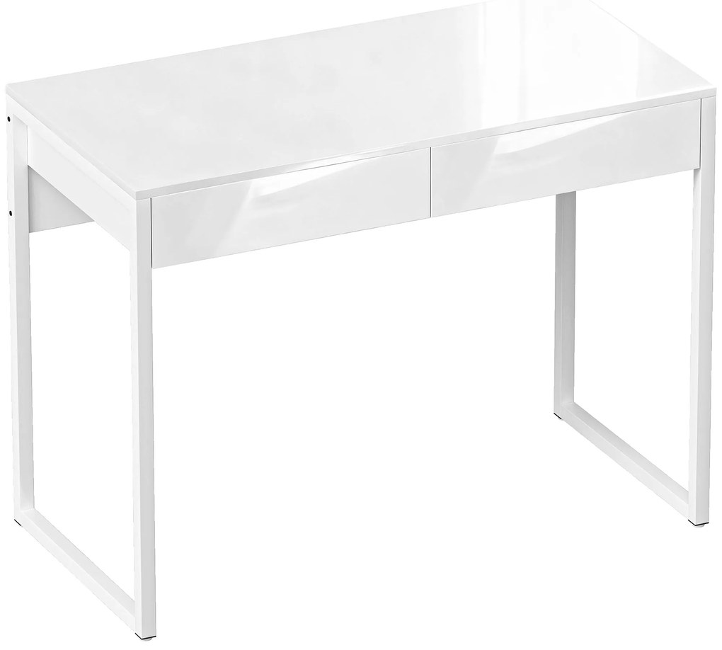 HOMCOM Birou Modern cu 2 Sertare și Picioare din Oțel, 100x50x75 cm, Alb Lucios | Aosom Romania