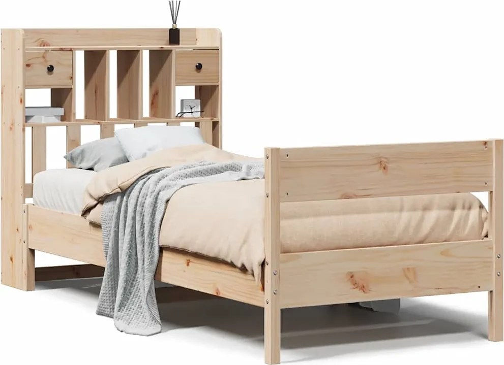 vidaXL Pat cu bibliotecă fără saltea, 75x190 cm, lemn masiv de pin