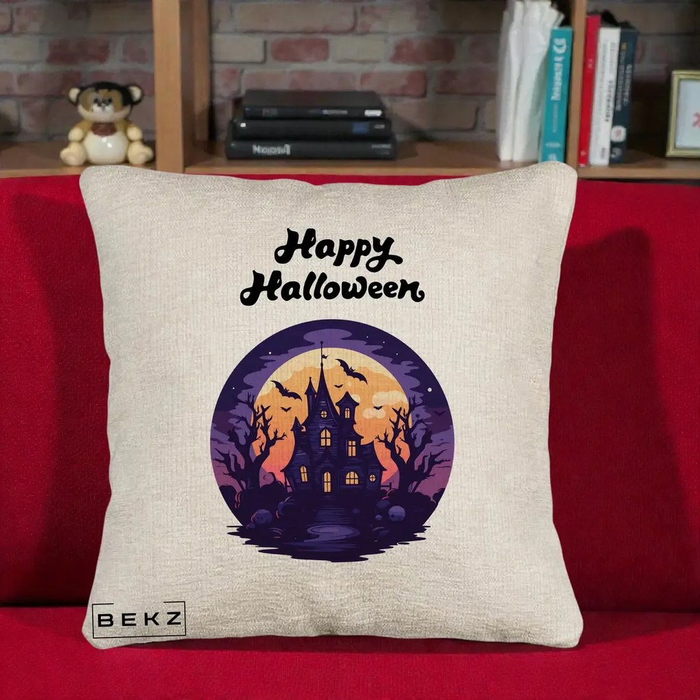 Perna Decorativa Happy Halloween Casa Bantuita Violet, 40x40 cm, Bej Canapea, Husa Detasabila, Perna Inclusa, BEKZ®