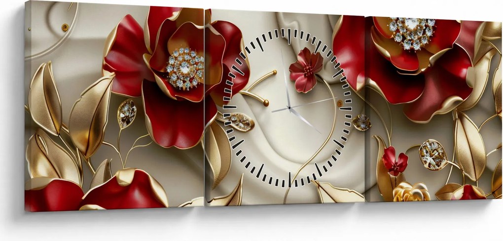Tablou - Flori 3D Roșu-Auriu (cu ceas) (90x30 cm)