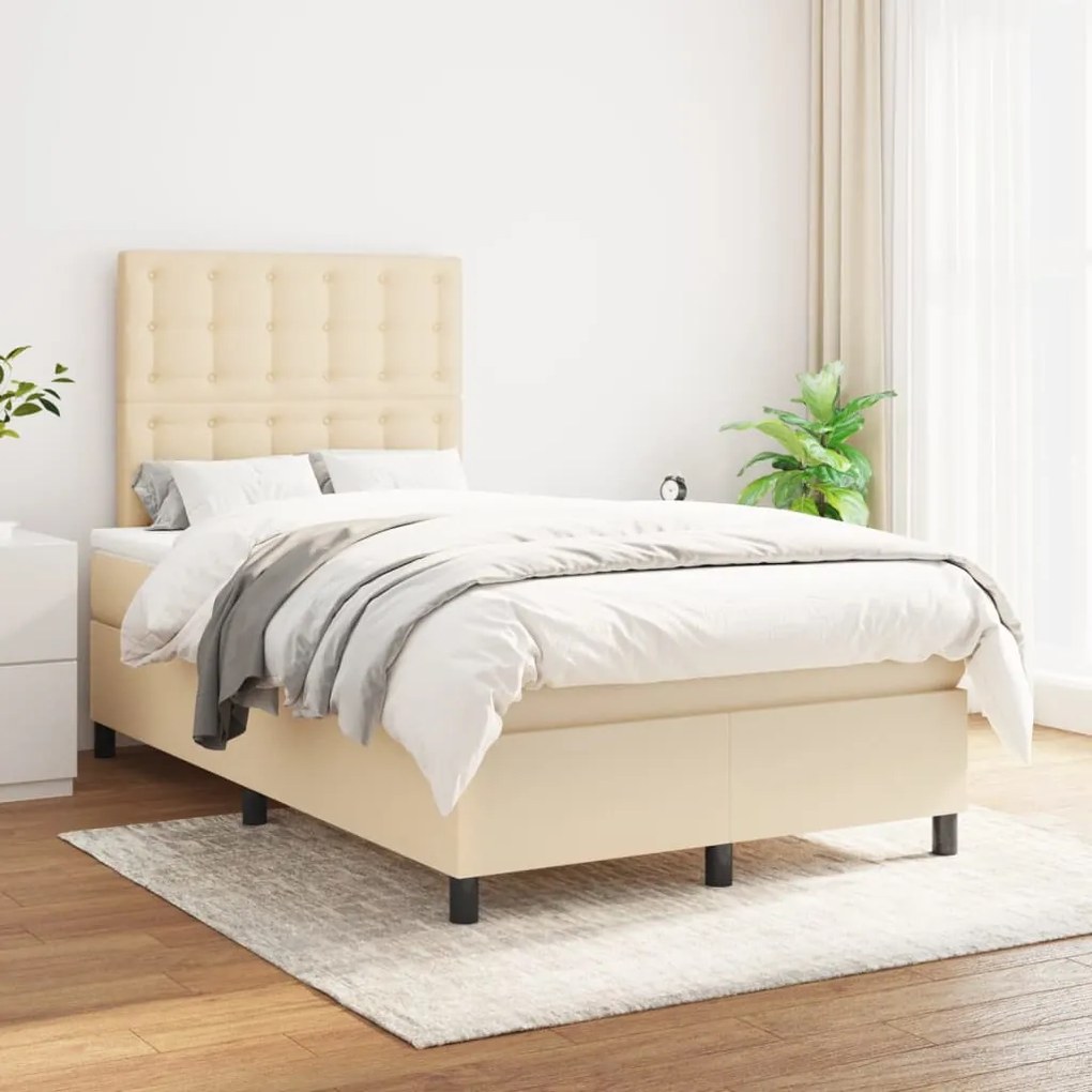vidaXL Pat box spring cu saltea, crem, 120x200 cm, textil