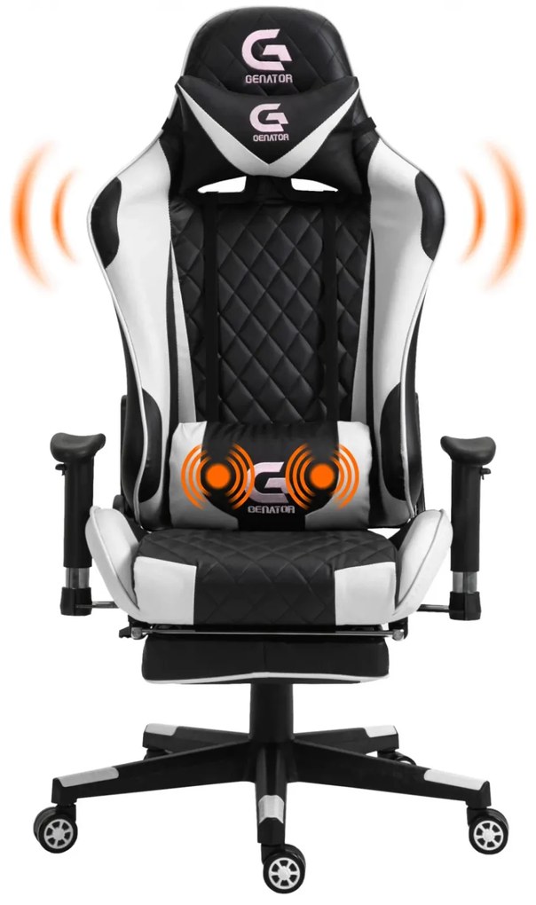 Scaun gaming cu masaj în perna lombară, sezut benzi elastice sustinere, cotiere 3D, suport picioare, funcție sezlong, Negru/Alb