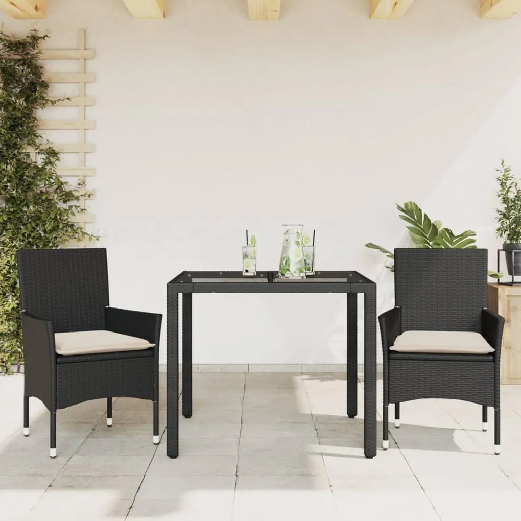 vidaXL Set mobilier de grădină cu perne 3 piese negru poliratan&amp;sticlă