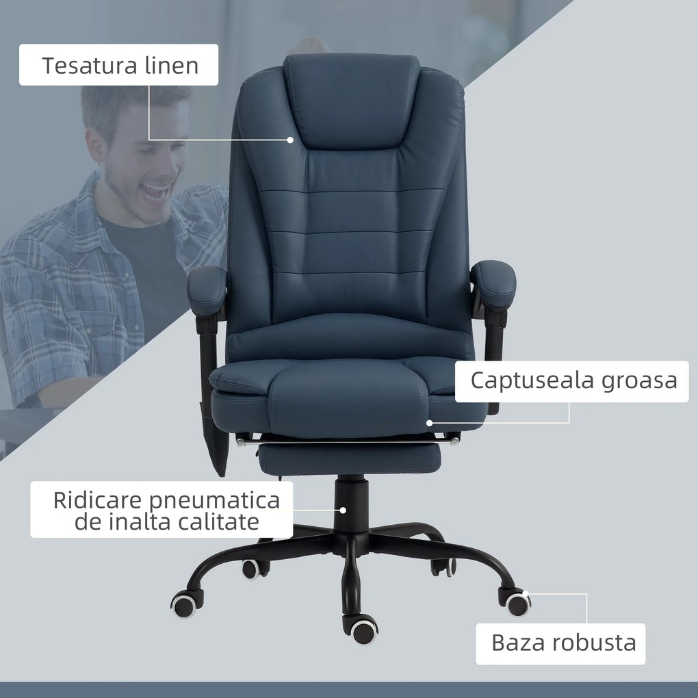 Vinsetto Scaun Birou Ergonomic Fotoliu de Birou Ergonomic cu 7 Puncte de Masaj Suport Picioare Reglabil 67x67x111-121 cm Albastru | Aosom Romania
