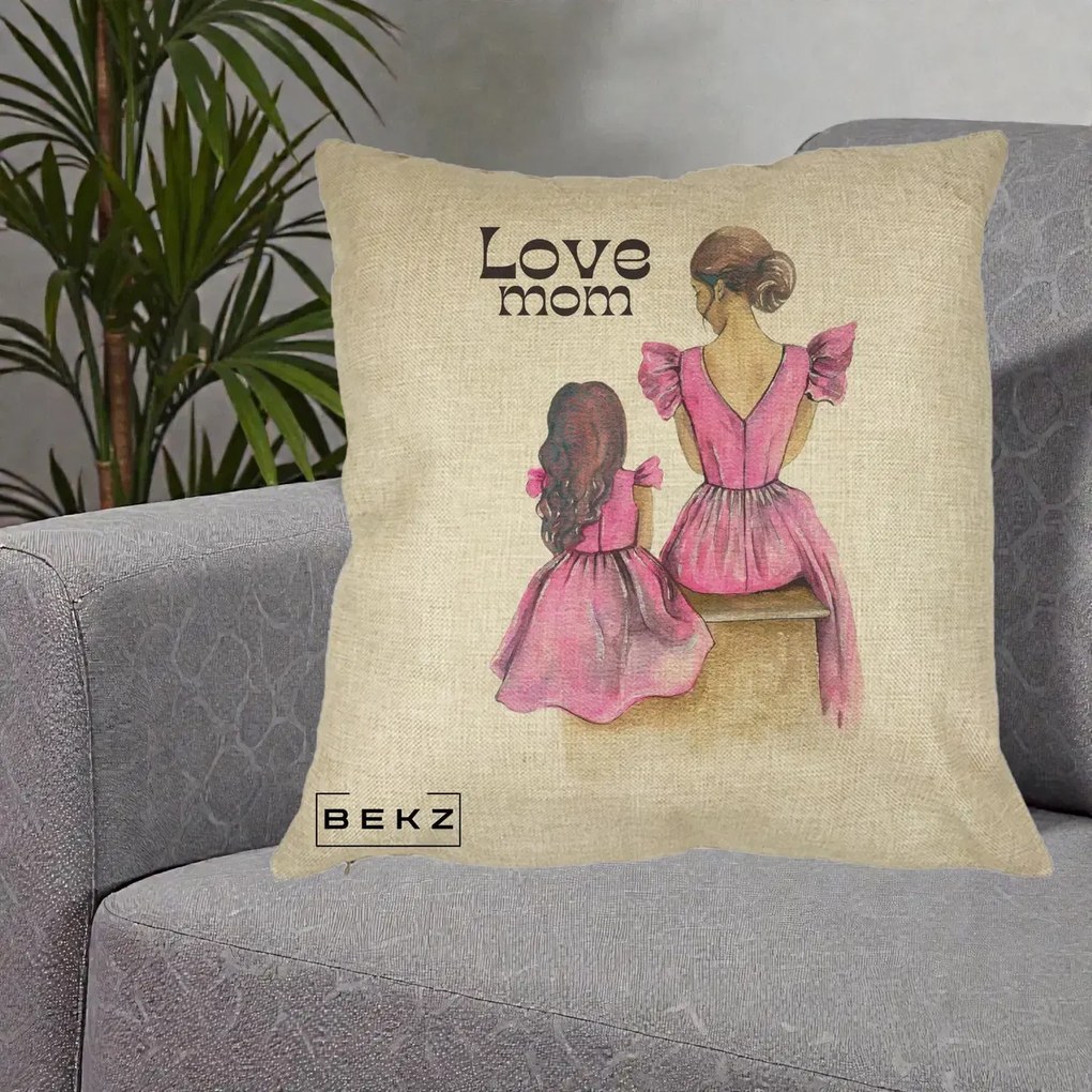 Cadou pentru Mama - Perna Personalizata Love Mom Rochii Roz, 40x40 cm, Crem, Husa Detasabila, Perna Inclusa, BEKZ®