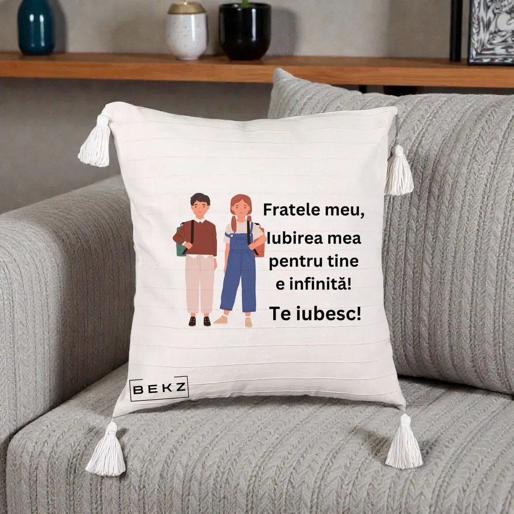 Cadou pentru Frate - Perna Personalizata Fratele Meu Te Iubesc Elevi Ilustratie Colorata, 40x40 cm, Bej cu Franjuri, Husa Detasabila, Perna Inclusa, BEKZ®