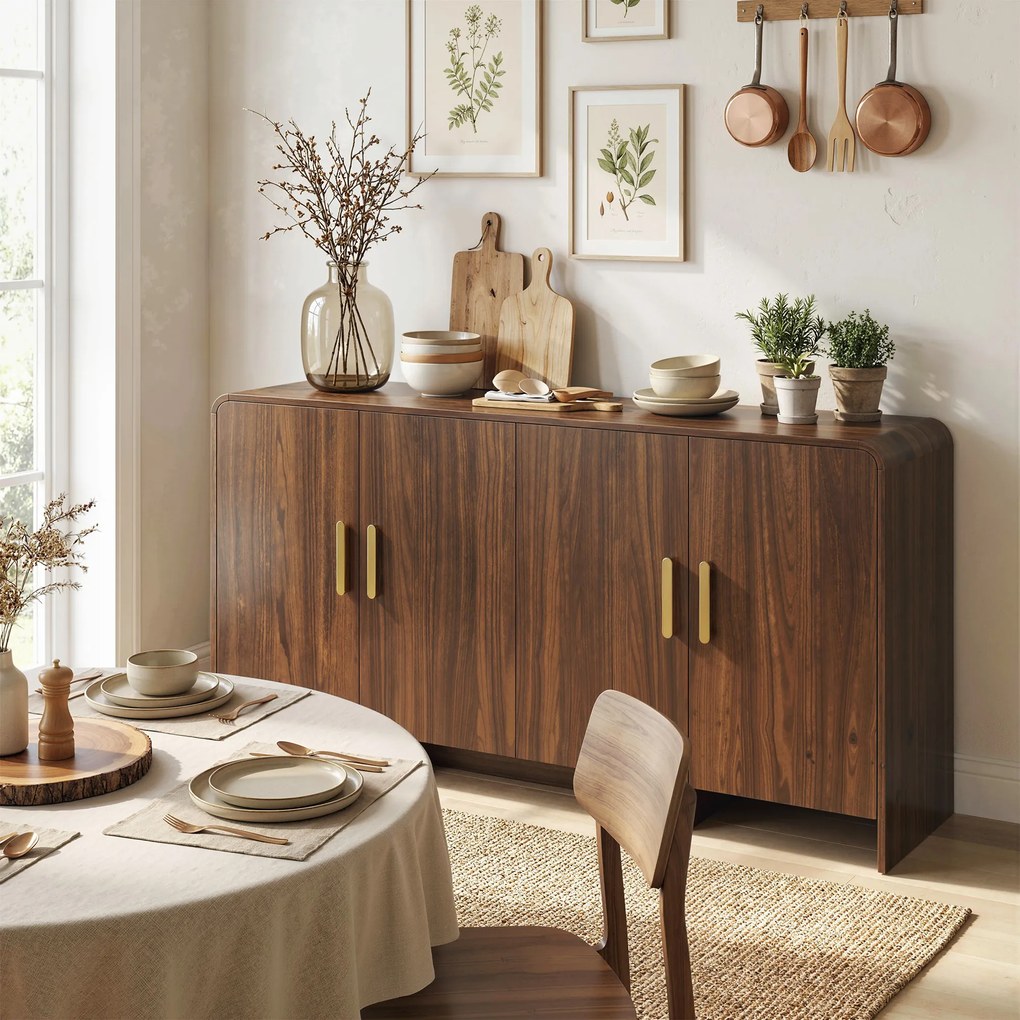 HOMCOM Bufet bucătărie, corp de depozitare cu 4 uși cu închidere amortizată, 4 compartimente și margini rotunjite, 152x40x80 cm, nuc | Aosom Romania