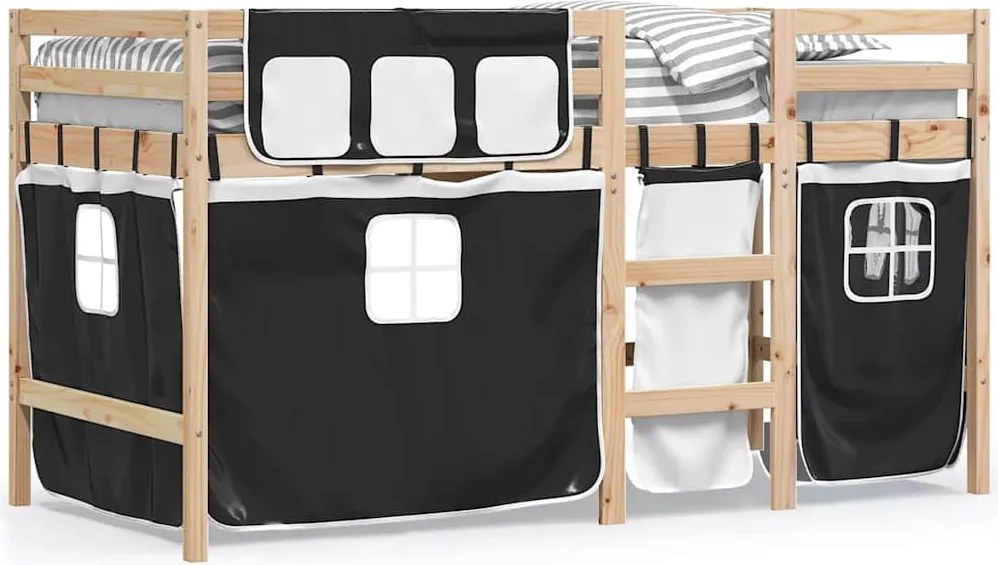 vidaXL Pat etajat de copii perdele, alb/negru 90x190 cm lemn masiv pin