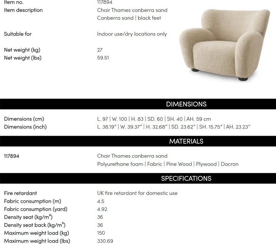 Fotoliu confortabil design LUX Thames, Canberra sand