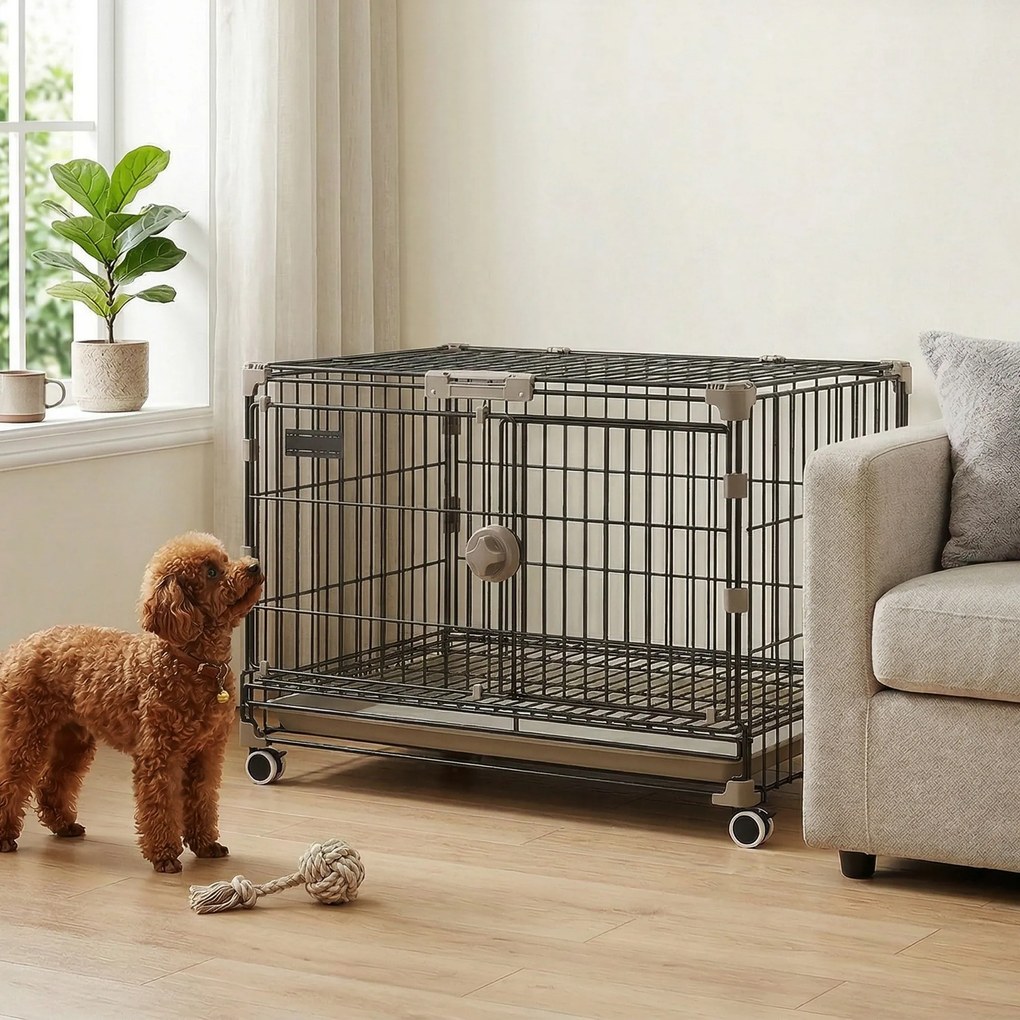 PawHut Cușcă pliabilă pentru câini, Tavă detașabilă, Roți cu frâne, Acoperiș rabatabil, Ușă pentru hrănire, 60,5x45,5x54,5cm, Negru | Aosom Romania