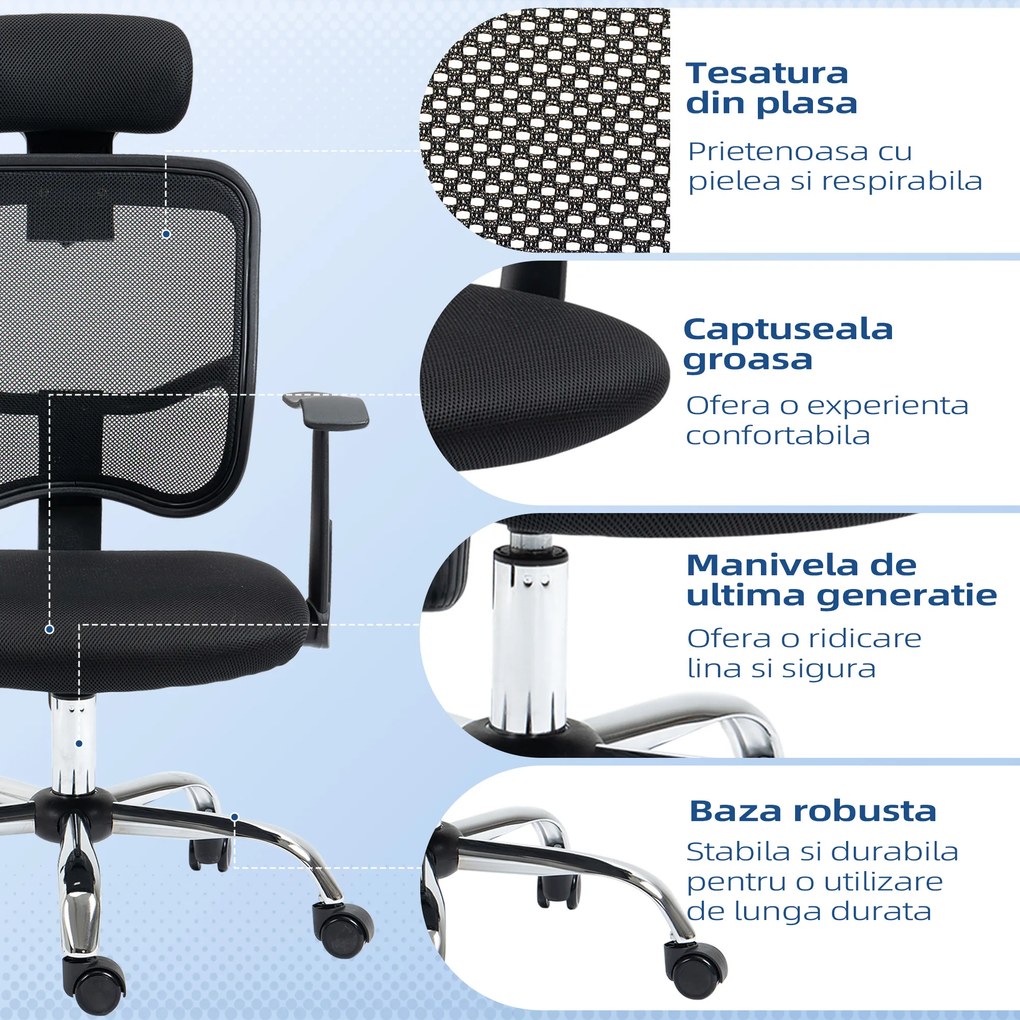 Vinsetto Scaun de Birou Ergonomic și Reglabil cu Tetieră, Negru | Aosom Romania