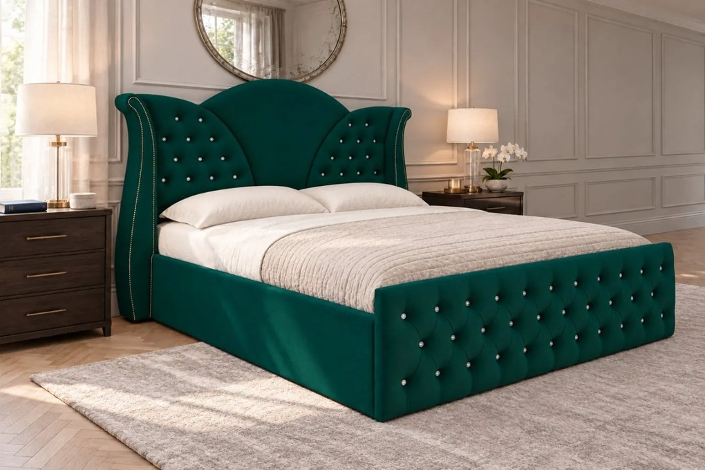 Pat tapițat Chesterfield din catifea Velora Cristal 140×200 cm, verde, cu ladă de depozitare