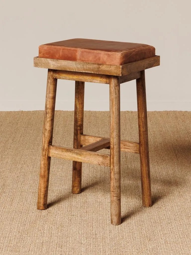 Scaun de bar din piele naturala si lemn masiv de mango, Tall Django