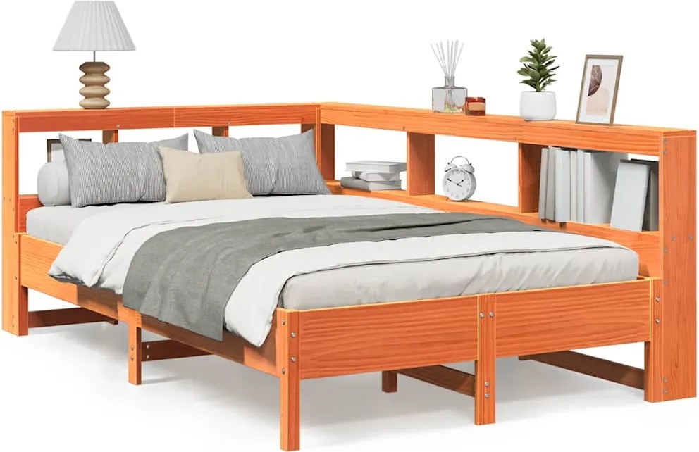 vidaXL Pat cu bibliotecă fără saltea, maro, 120x190 cm, lemn masiv pin