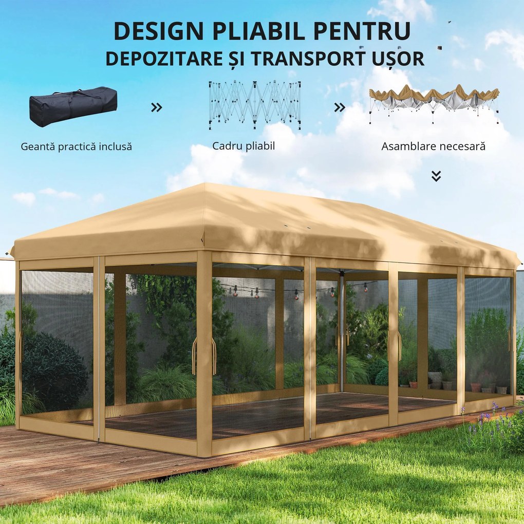 Outsunny Baldachin Pop-Up cu Plasă, Cort pentru Petreceri cu Geantă de Transport pentru Exterior, 585x295xx270 cm, Bej | Aosom Romania