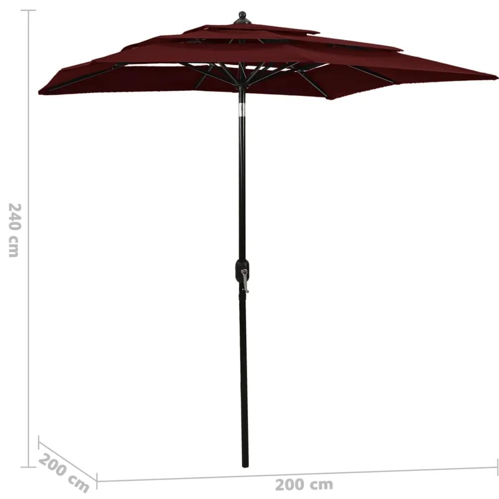 Umbrela de soare 3 niveluri, stalp aluminiu, rosu bordo, 2x2 m Rosu bordo, 2 x 2 m