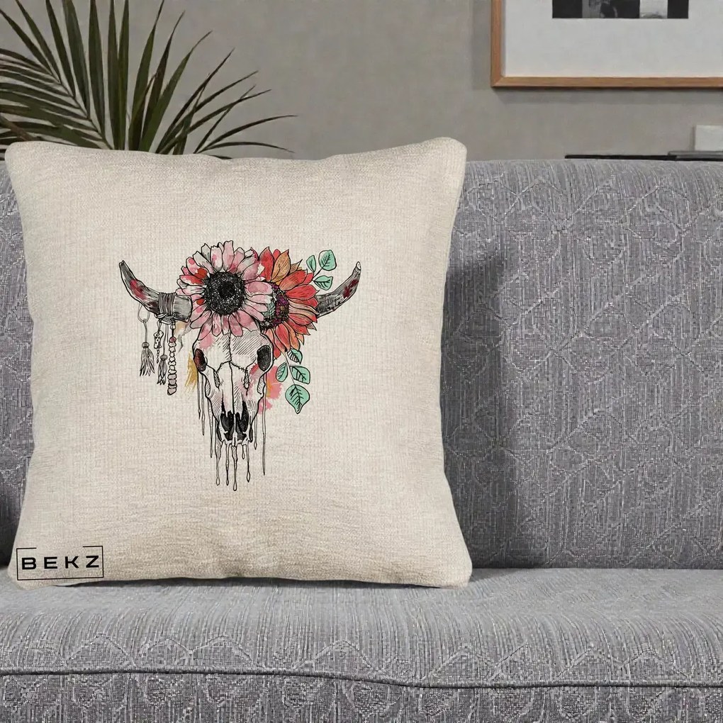 Perna Decorativa Craniu Boho Floral, 40x40 cm, Bej Canapea, Husa Detasabila, Perna Inclusa, BEKZ®