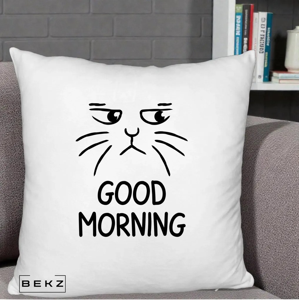 Perna Decorativa Pisica Morocanoasa Good Morning, 40x40 cm, Alb Pufos, Husa Detasabila, Perna Inclusa, BEKZ®