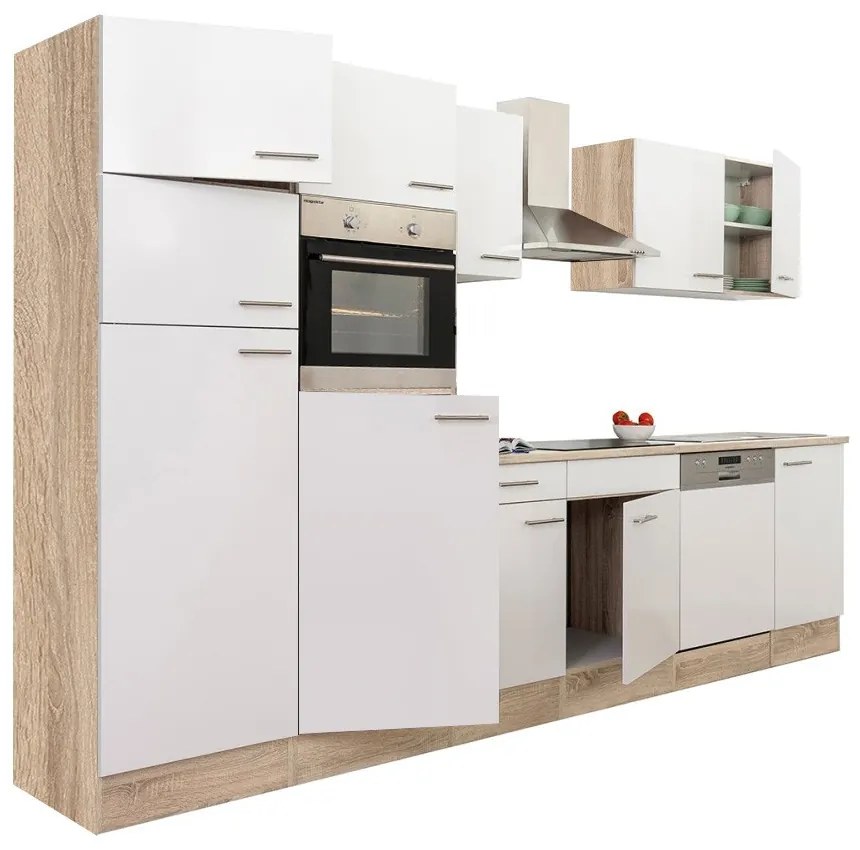 Mobilă de bucătărie Yorki 340, corp din stejar Sonoma, cu față alb satinat