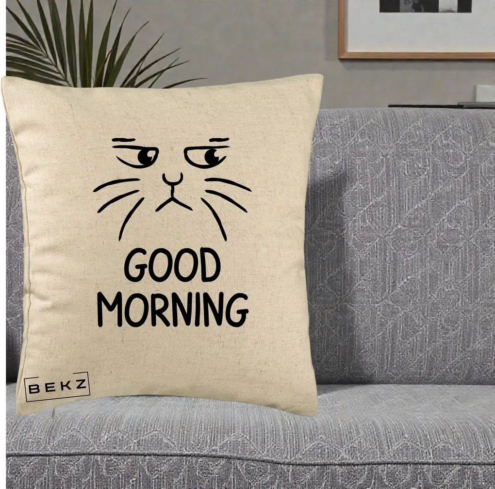 Perna Decorativa Pisica Morocanoasa Good Morning, 40x40 cm, Bej, Husa Detasabila, Perna Inclusa, BEKZ®
