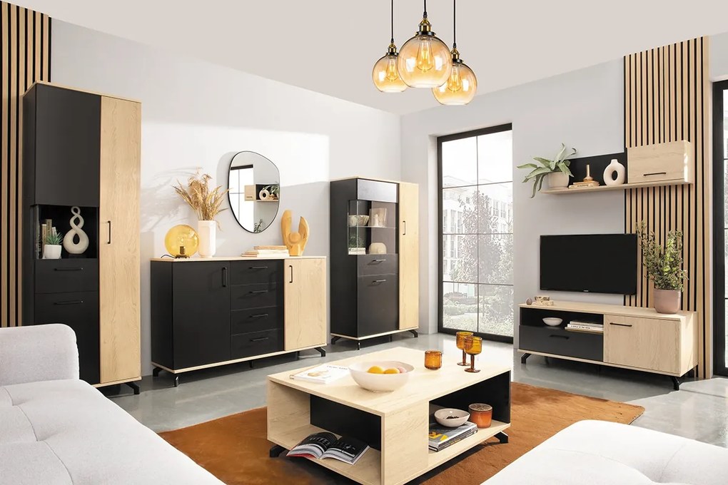 Comodă Madison MD11 cu sertar 90 cm - negru / stejar biscuiți