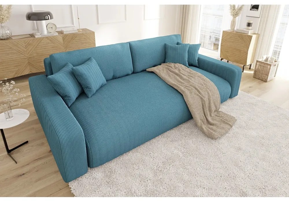 Canapea turcoaz extensibilă, cu spațiu de depozitare, cu tapițerie din catifea reiată 234 cm Sara – Ropez