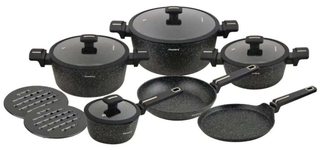 Set oale marmorate cu tigaie clatite si capace 12 piese Klausberg KB-7966, negre