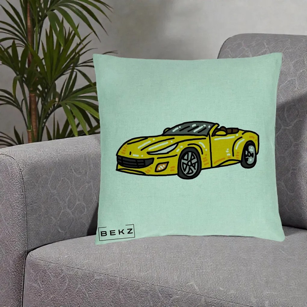 Perna Personalizata Masina Cabriolet Galbena Grafic, 40x40 cm, Verde Menta, Husa Detasabila, Perna Inclusa, BEKZ®