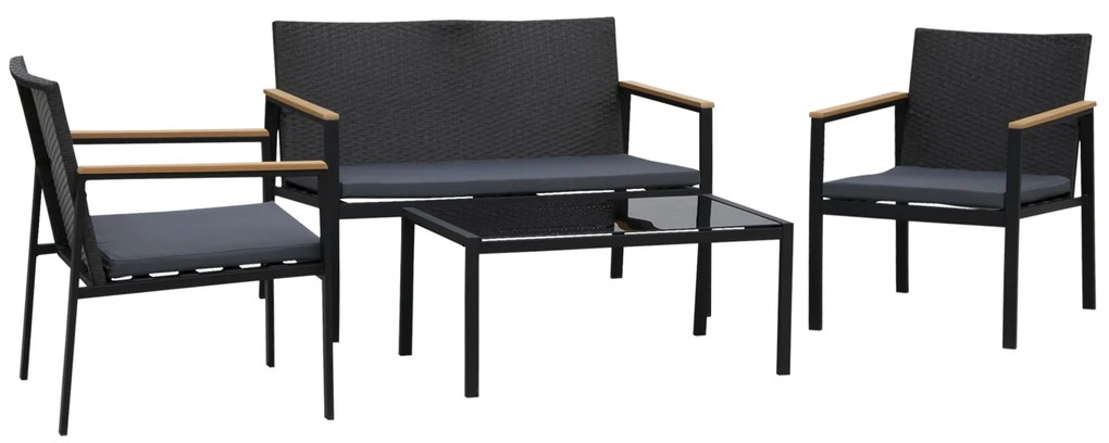 Outsunny Set Mobilier de Grădină din Ratan din 2 Scaune cu Brațe pentru Terasă, Bancă și Masă de Cafea, 80x42x37 cm, Negru | Aosom Romania