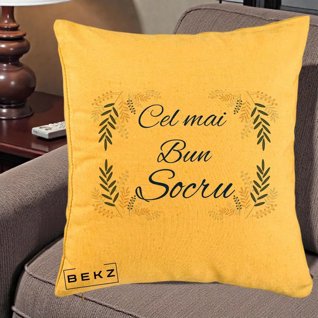 Cadou pentru Socru - Perna Personalizata Cel mai Bun Socru cu Ramuri Frunze Albastre si Aurii, 40x40 cm, Galben, Husa Detasabila, Perna Inclusa, BEKZ®