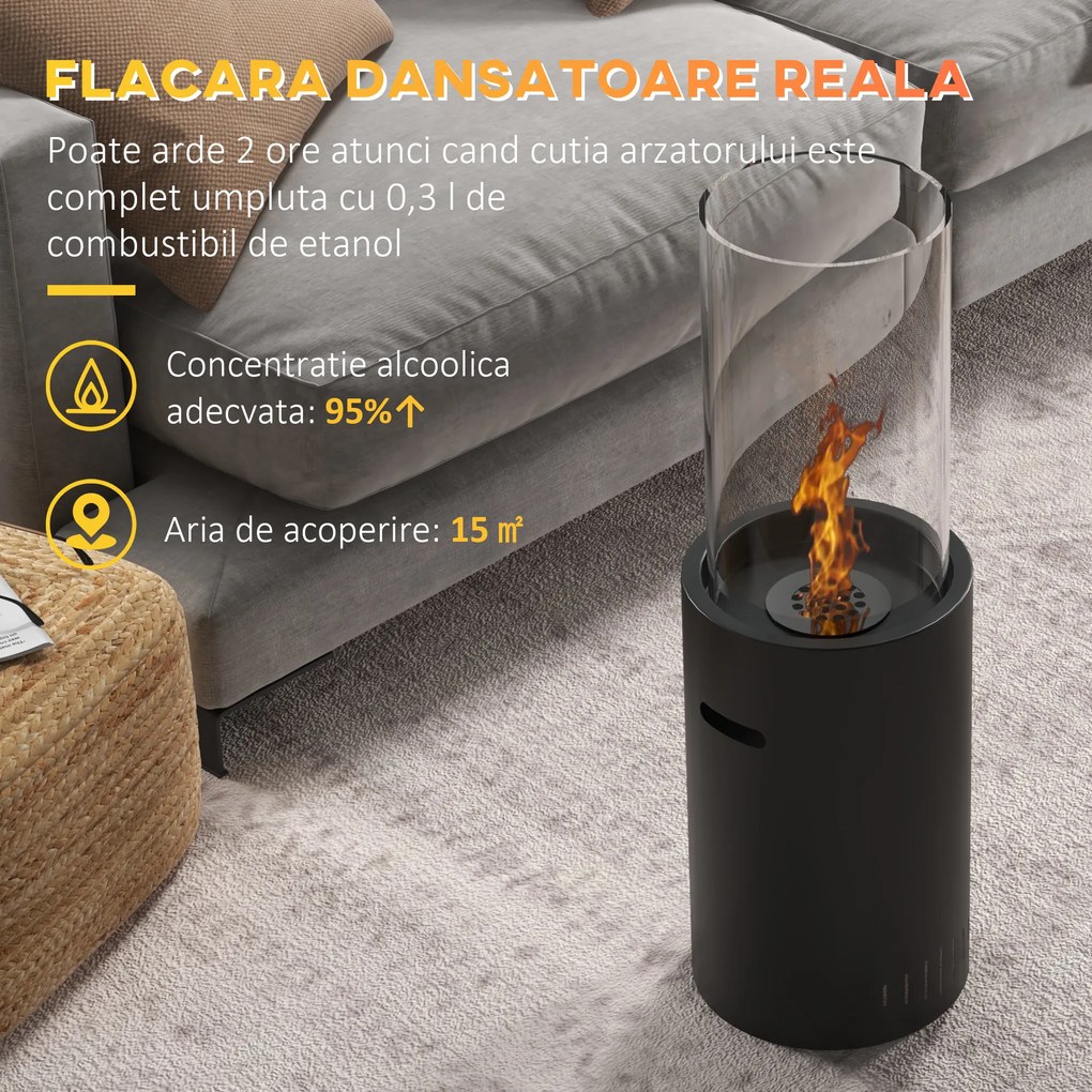 Semineu cu Etanol fara Aerisire cu Rezervor de 0,3L, Acoperire de Incalzire de 15 mp, Arde pana la 2 ore, Negru HOMCOM | Aosom RO