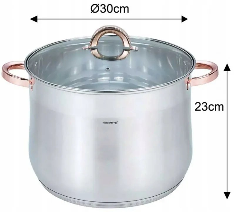 Oala Klausberg KB 7796, 16l, 30cm, Capac din sticla, Fund multistrat, Inductie, Inox/roz auriu