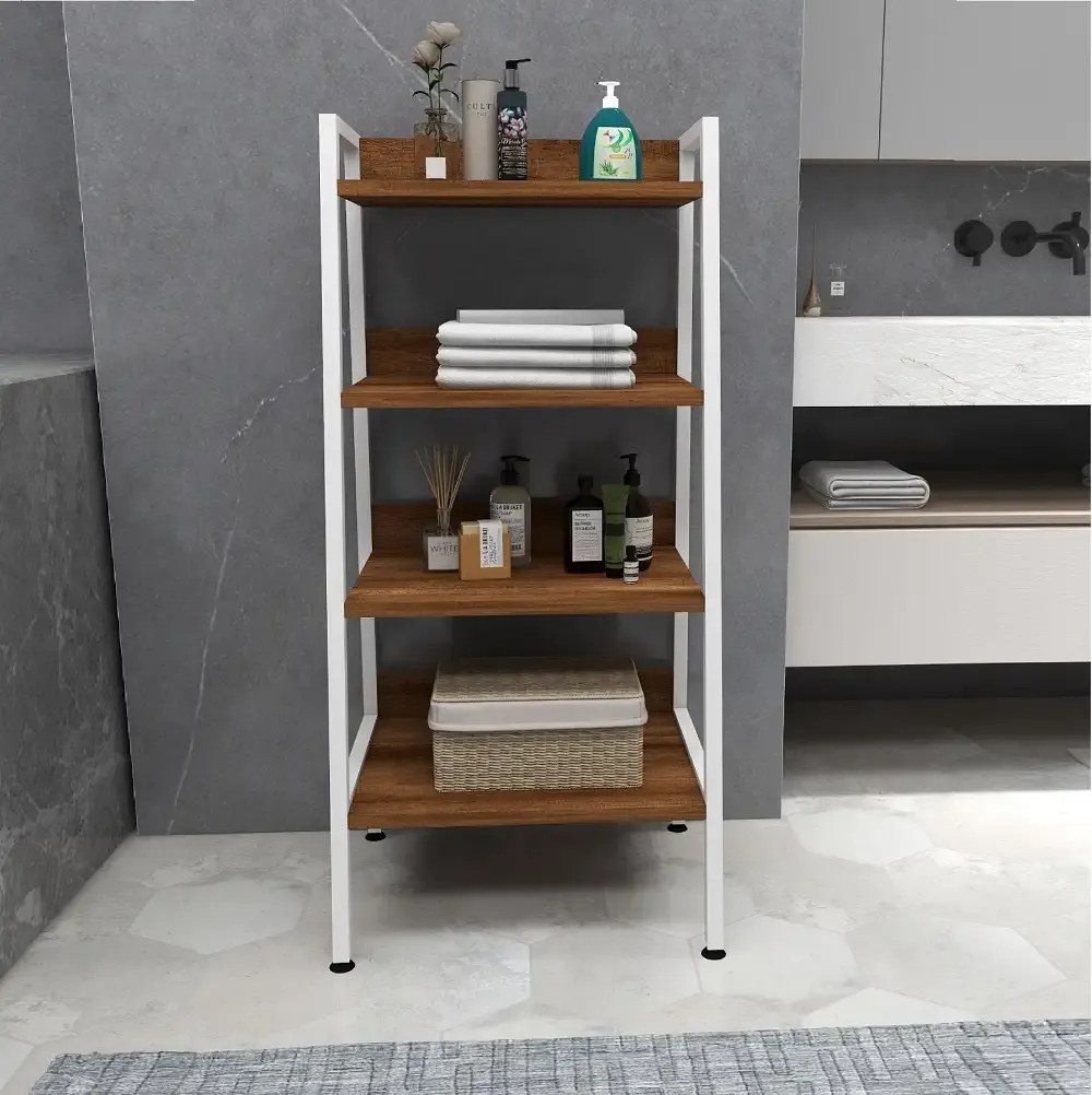 Dulapior cu etajere pentru baie si bucatarie, alb si nuc, 100  cm