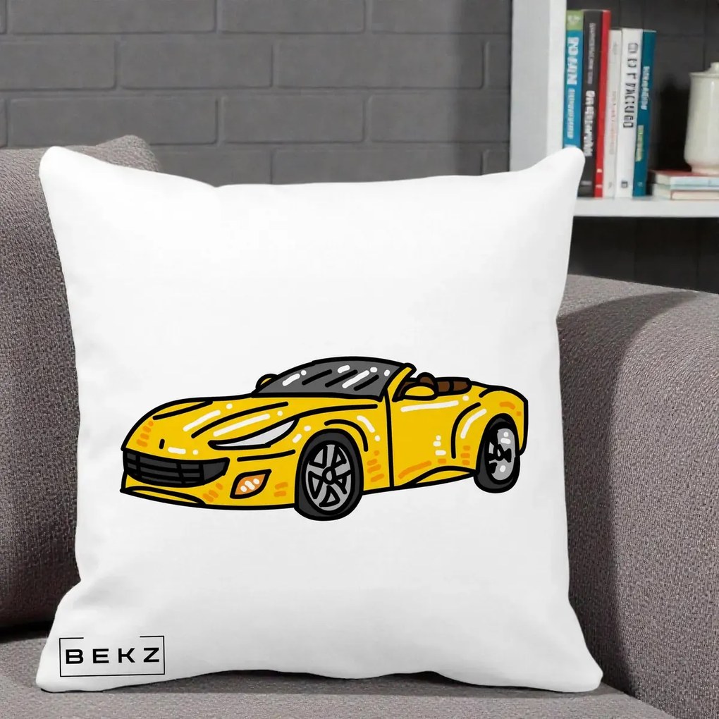 Perna Personalizata Masina Cabriolet Galbena Grafic, 40x40 cm, Alba Mata, Husa Detasabila, Perna Inclusa, BEKZ®