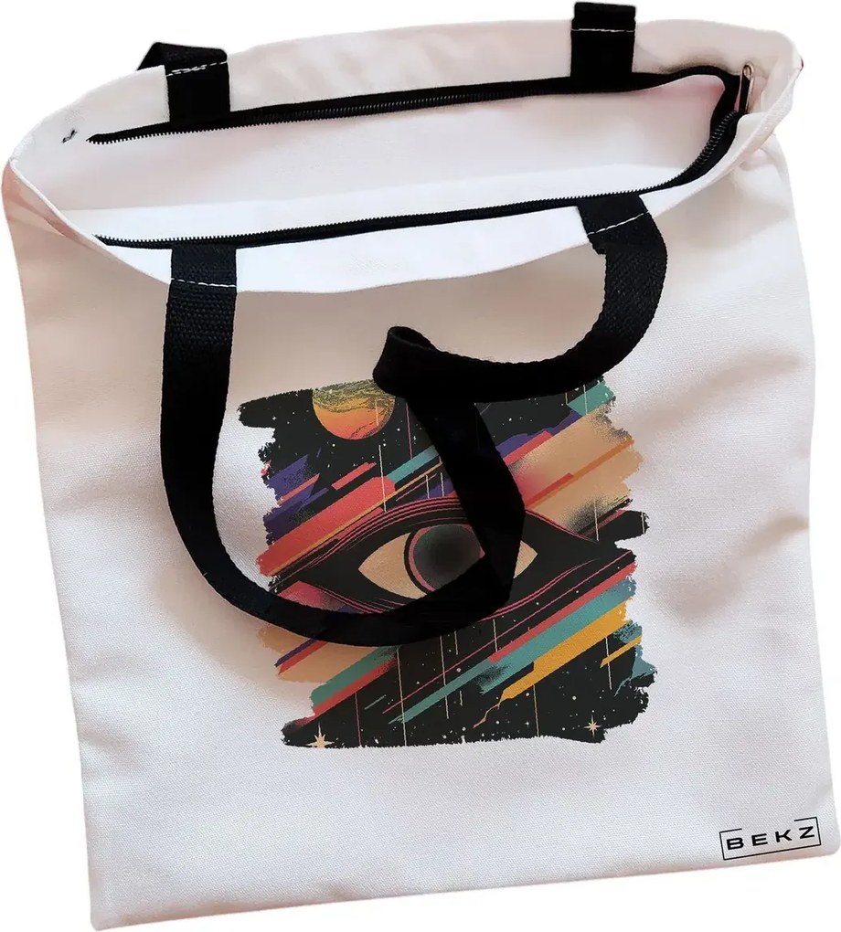 Sacosa de Panza pentru Cumparaturi, Geanta Tote, model Celestial Eye 1, Cu fermoar, 38x34.5 cm, Alba, BEKZ®