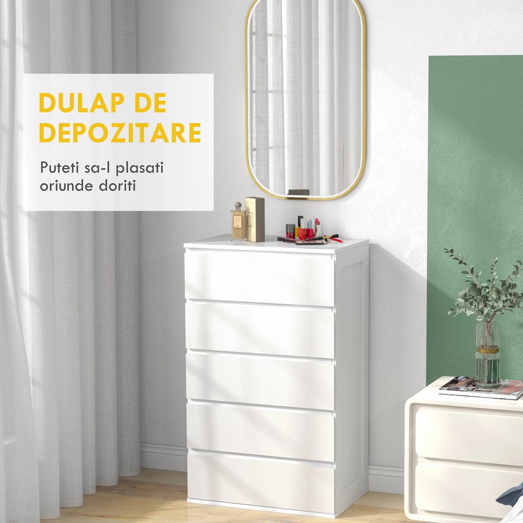 HOMCOM Dulap cu 5 Sertare pentru Dormitor, Dulap Depozitare cu Glisiere Metalice și Canelură, Cufăr Alb, Ideal pentru Spațiu și Stil | Aosom România