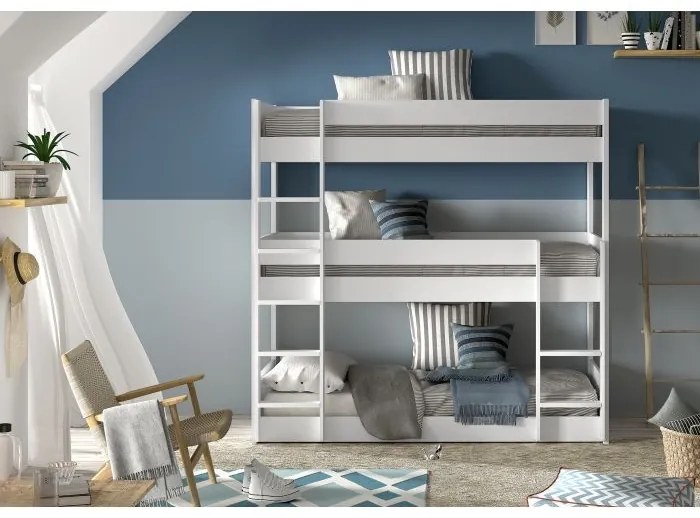 Pat supraetajat triplu pentru copii SCOTT, alb, 90 x 200 cm, din pin scandinav masiv, cu 3 spații de dormit – Vipack