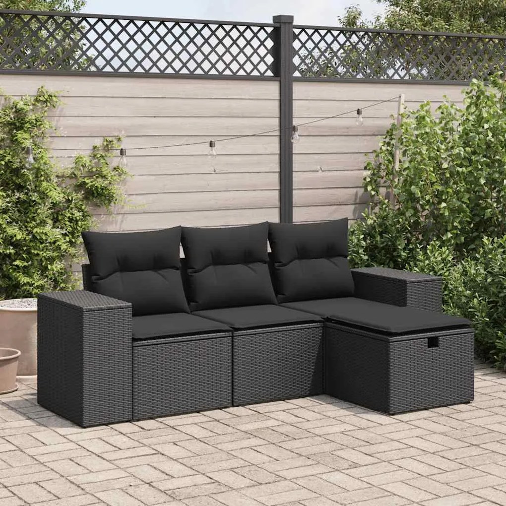 3325651 vidaXL Set mobilier de grădină cu perne, 4 piese, negru, poliratan