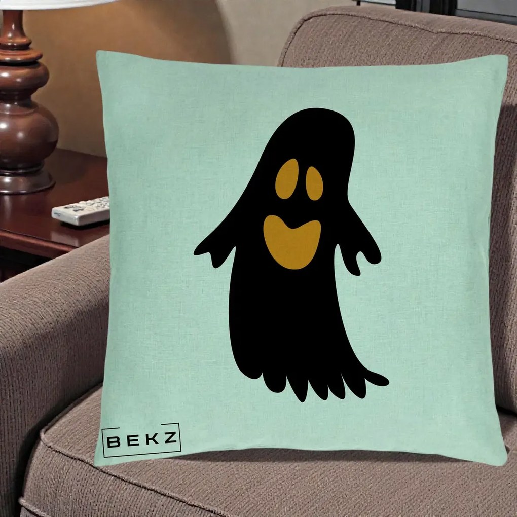Perna Decorativa Halloween Fantoma Neagra cu Ochi Portocalii, 40x40 cm, Verde Menta, Husa Detasabila, Perna Inclusa, BEKZ®