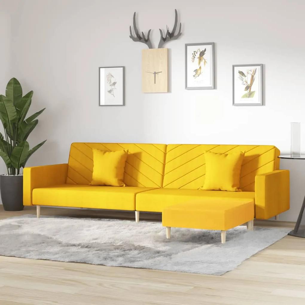 Canapea extensibilă 2 locuri, 2 perne&amp;taburet, galben, textil