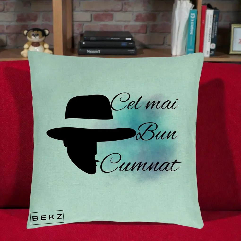 Cadou pentru Cumnat - Perna Personalizata Cel mai Bun Cumnat cu Silueta Palarie si Pete Teal-Roz, 40x40 cm, Verde Menta, Husa Detasabila, Perna Inclusa, BEKZ®