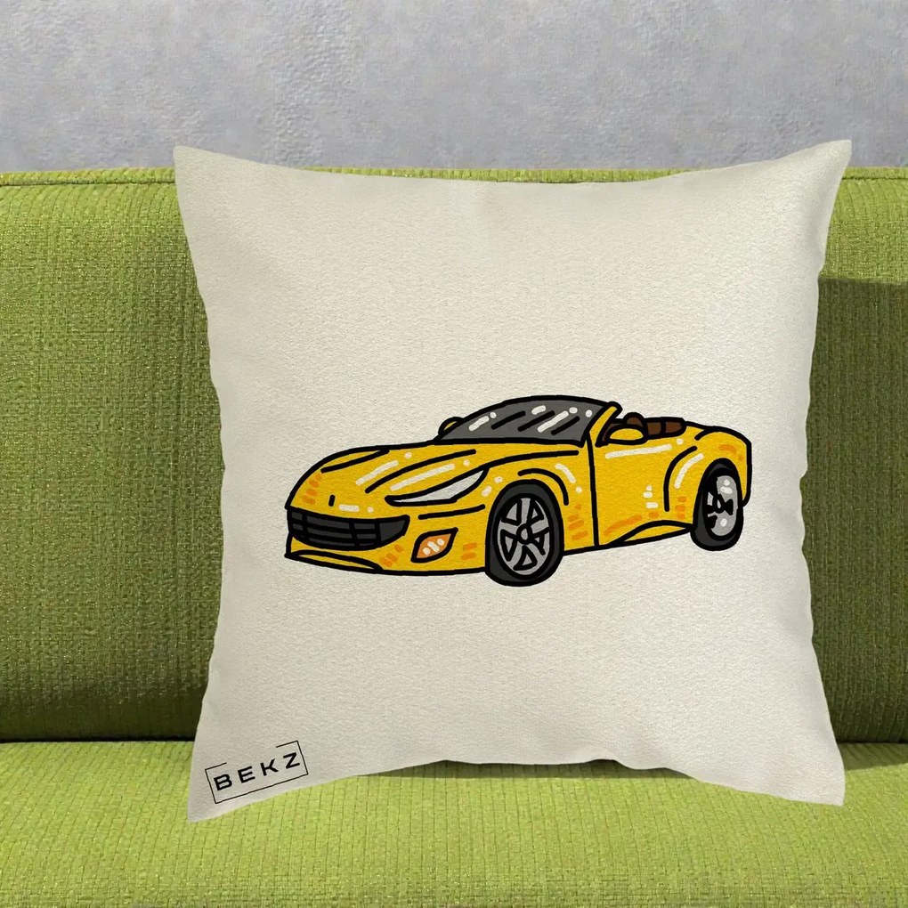 Perna Personalizata Masina Cabriolet Galbena Grafic, 40x40 cm, Ecru, Husa Detasabila, Perna Inclusa, BEKZ®