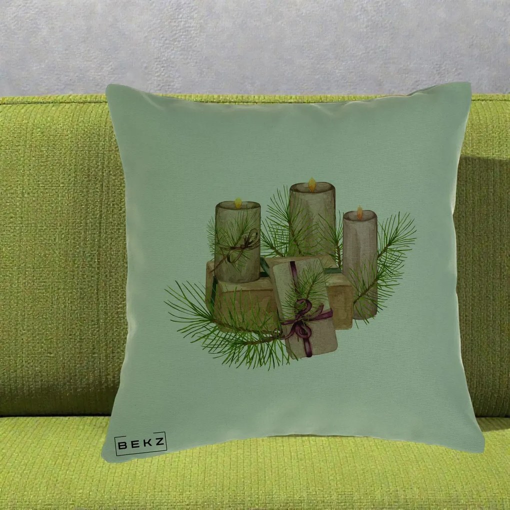 Perna Decorativa Lumanari cu Cadouri Naturale, 40x40 cm, Verde, Husa Detasabila, Perna Inclusa, BEKZ®